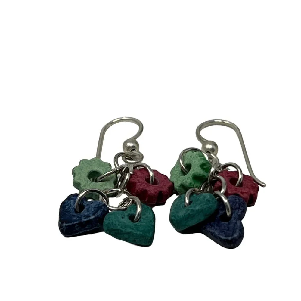 Handcrafted‎ Earrings Silver Tone Dangle Wire Ceramic Beads Hearts Cogs